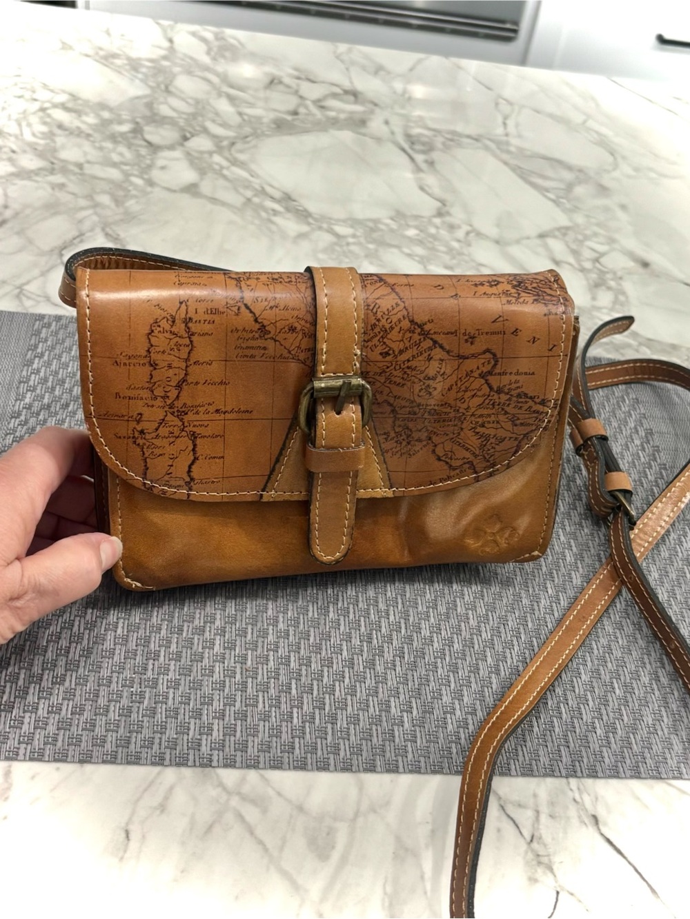 Patricia Nash Tan Leather Map-Print Crossbody Bag